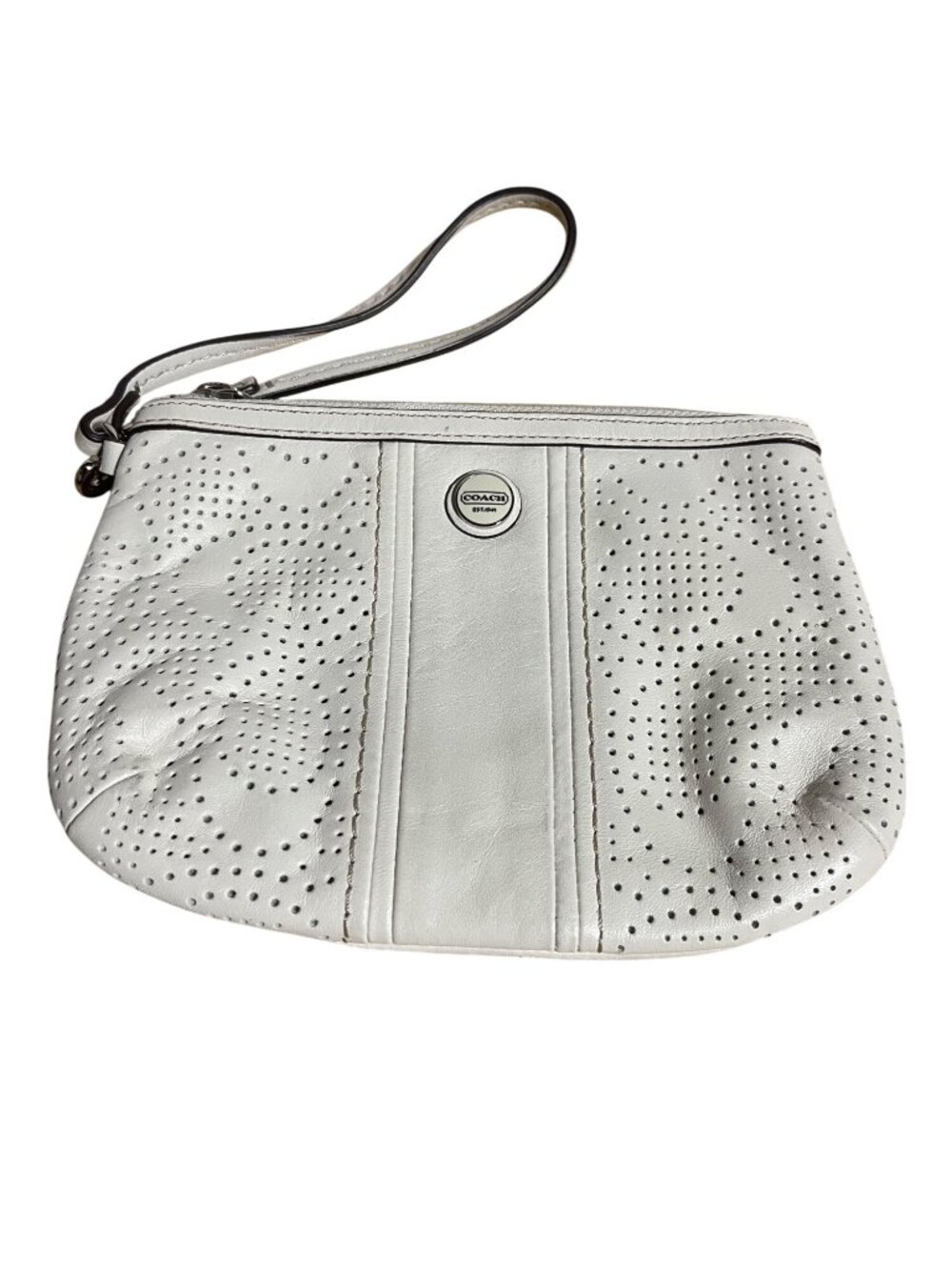 Coach White Perforated Leather Wristlet Signature C Logo Clutch Minimalist